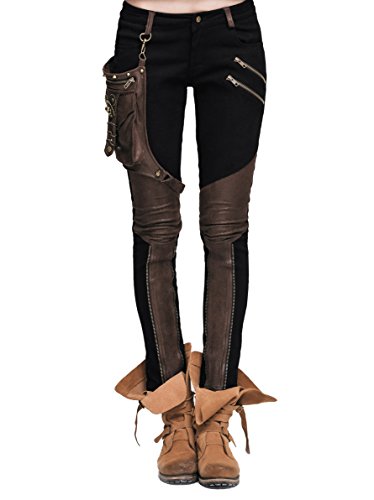 Devil Fashion Steampunk Pantalones de Mujer con un Bolsillo de Cuero Gothic Pencil Pants Vintage Stitching Leggings