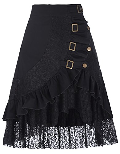 Belle Poque Mujer Falda Gótica Steampunk de Encaje Combinado con Botones para Fiesta S Negro