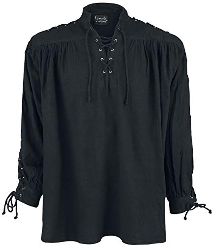 Leonardo Carbone Camisa Medieval con Cordón y Ojales Hombre Camiseta Negro, Schnürung