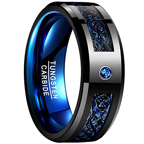 NUNCAD Anillo para Hombre Mujer Unisex de Tungsteno con Zirconia Azul y Fibra de Carbono Dragón Celta Negro + Azul 8mm de Ancho Talla 52-77(Diámetro Interior 16.6mm - 24.5mm)