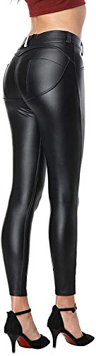 Uni-Wert Mujeres PU Leggins Cuero Brillante Negro Pantalón Cintura Alta Skinny Elásticos Pantalones