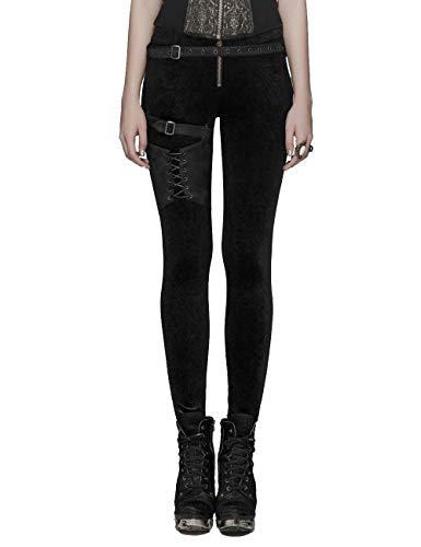 Punk Rave Leggings góticos con correas Steampunk negro flor terciopelo pantalones